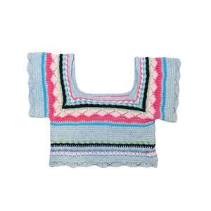 POL Crochet Bohemian Short Sleeve Crop Top Colorful Granny Knit Boho Size Small